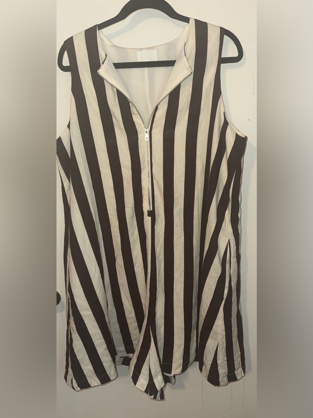 Every Sleeveless Brown and Cream Striped Zip-Front Romper